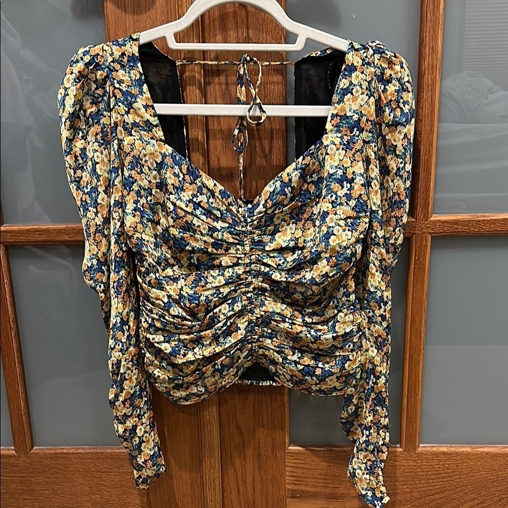 Astr Yellow and Blue Ruched Floral Crop Blouse​​​​​ - Picture 2 of 8
